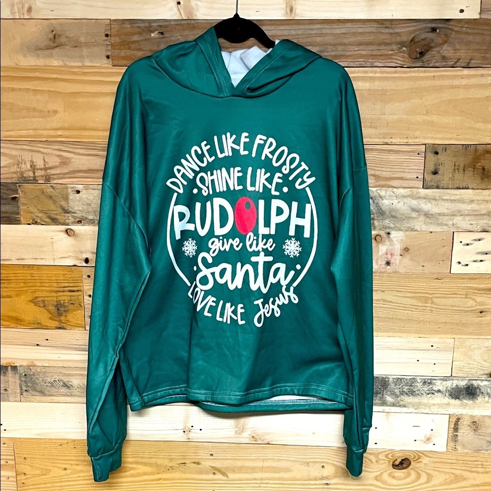 Size XL Lightweight Soft Green Holiday Hoodie with Festive Print